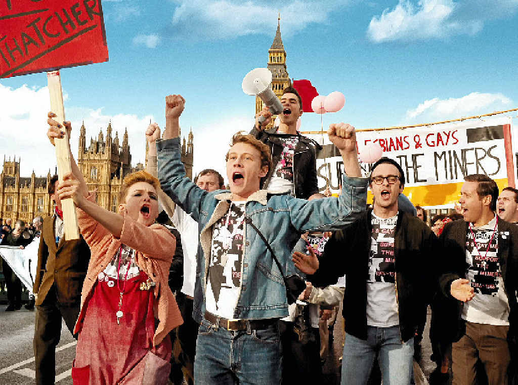 UNITED FRONT: Steph (Faye Marsay), Joe (George MacKay), Mark (Ben Schnetzer), Mike (Joseph Gilgun), Dai (Paddy Considine), Carl (Kyle Rees) and Gary (Jack Baggs) in a scene from Pride. UNITED FRONT: Steph (Faye Marsay), Joe (George MacKay), Mark (Ben Schnetzer), Mike (Joseph Gilgun), Dai (Paddy Considine), Carl (Kyle Rees) and Gary (Jack Baggs) in a scene from Pride.